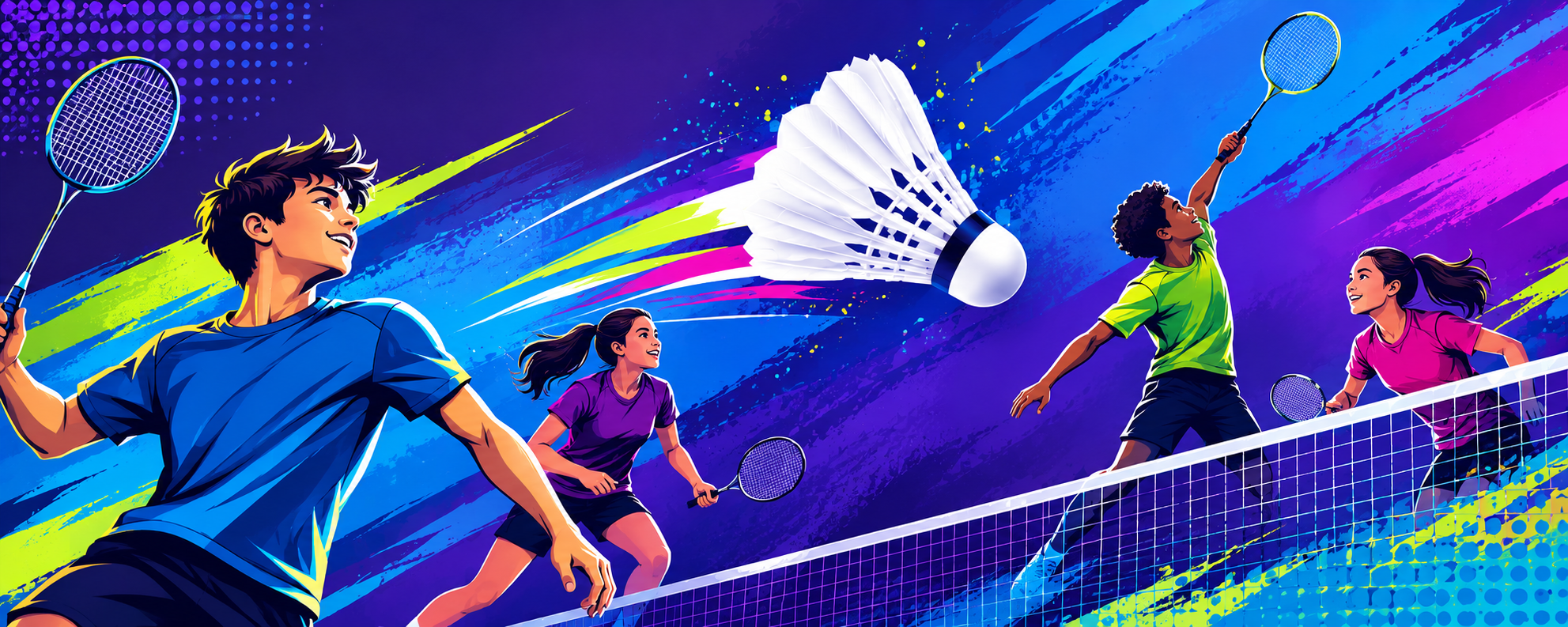 Dynamic and vibrant image in an animated form depicting children playing badminton